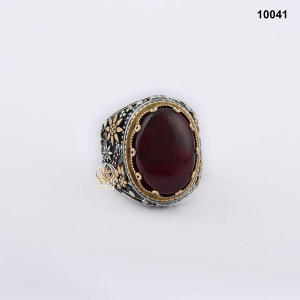 خاتم فضة رجالي تركي مع العقيق اليماني الأحمر الكرزي
